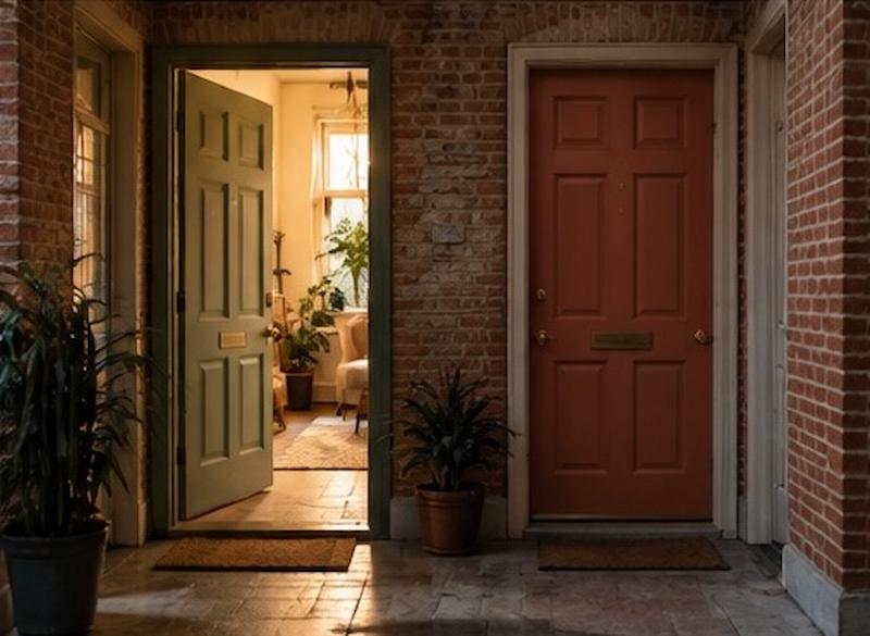 Two different doors side by side in a brick hallway, one open and one closed