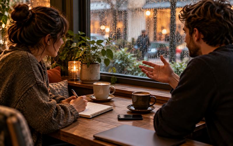 Two people talking over coffee at a window seat, one making notes