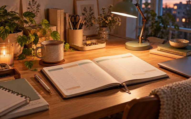 A tidy desk with a weekly planner open on a Sunday evening