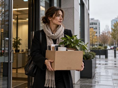 A woman in her late thirties carrying a box of belongings out of an office building